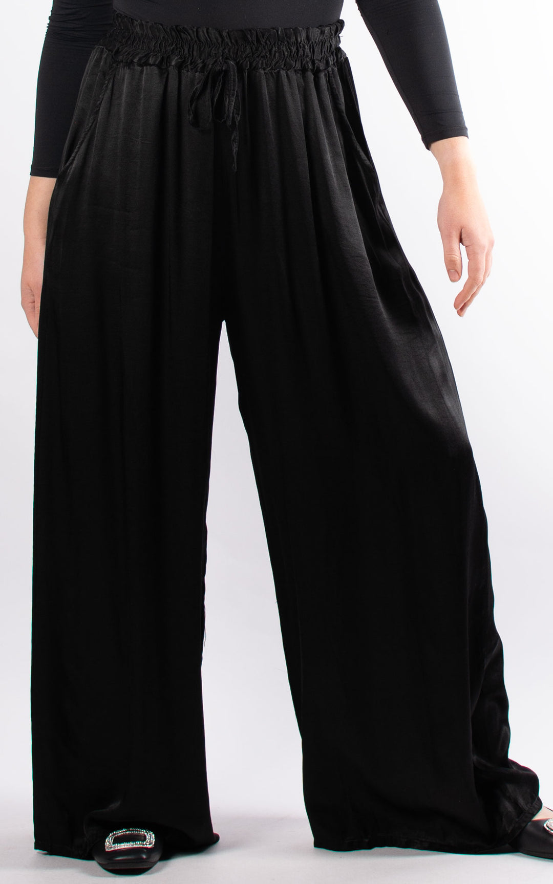 Satin Wide Leg Trouser | Black
