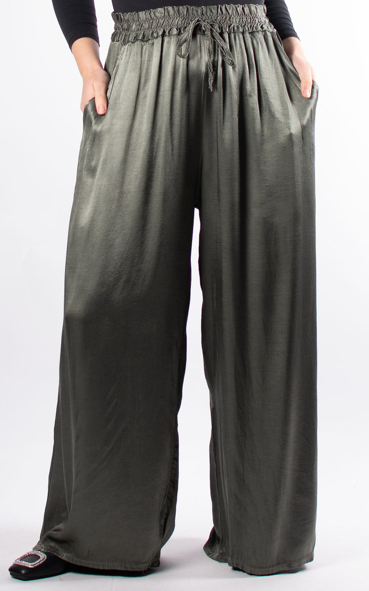 Satin Wide Leg Trouser | Khaki
