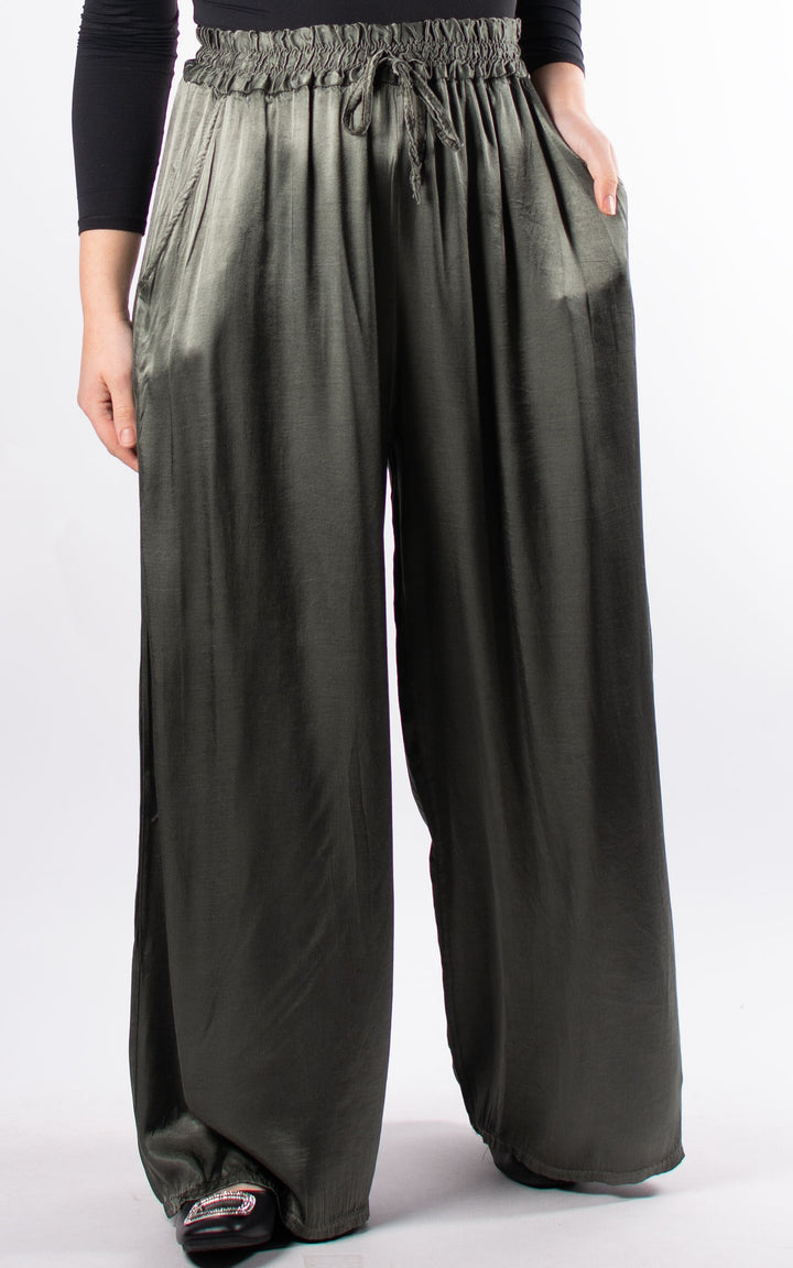 Satin Wide Leg Trouser | Khaki