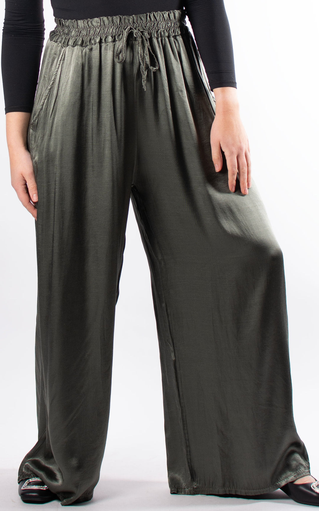 Satin Wide Leg Trouser | Khaki