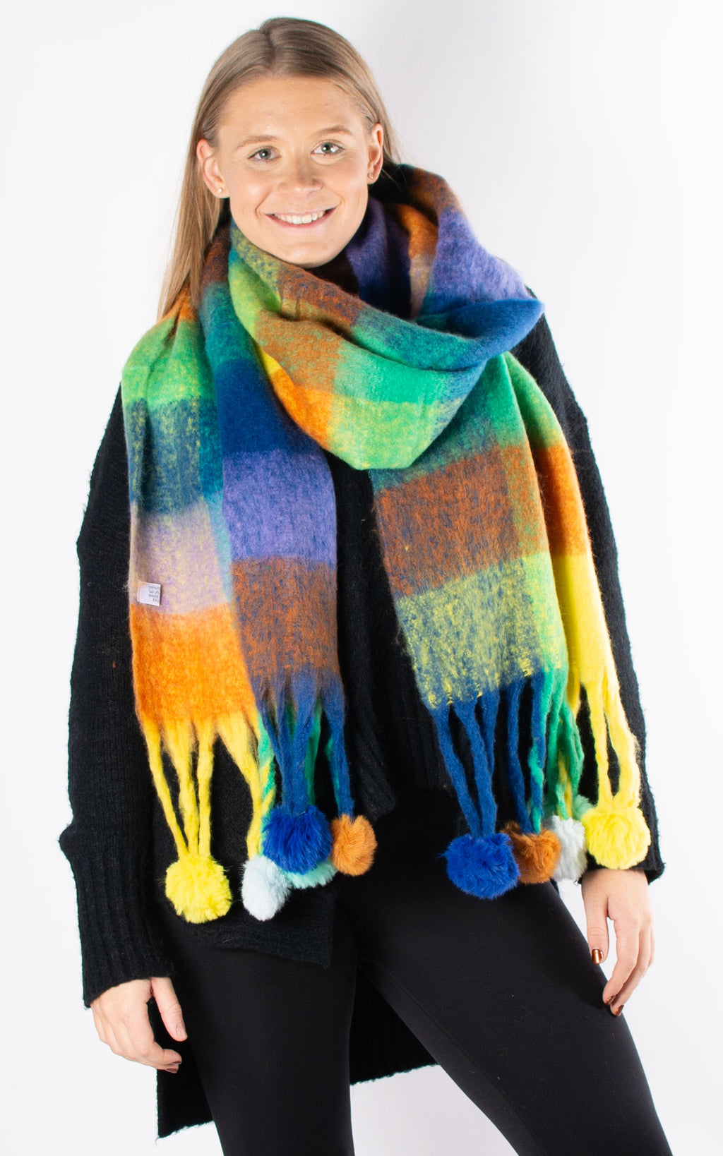 Scarf | Pom Pom Check | Blue & Yellow