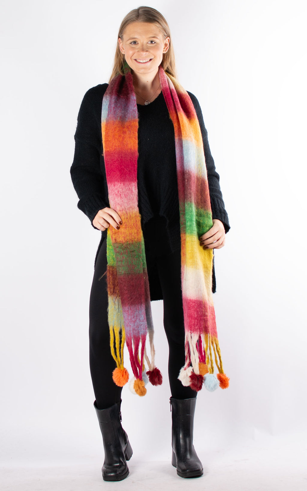Scarf | Pom Pom Check | Hot Pink & Green