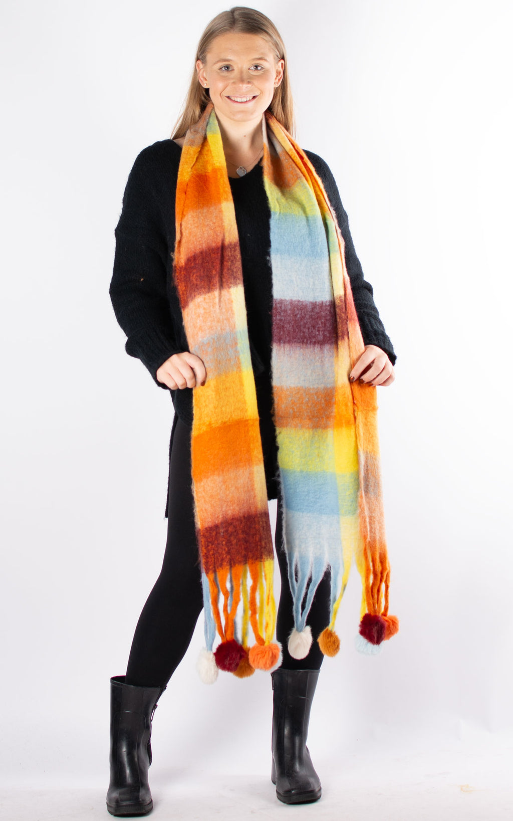 Scarf | Pom Pom Check | Orange & Yellow
