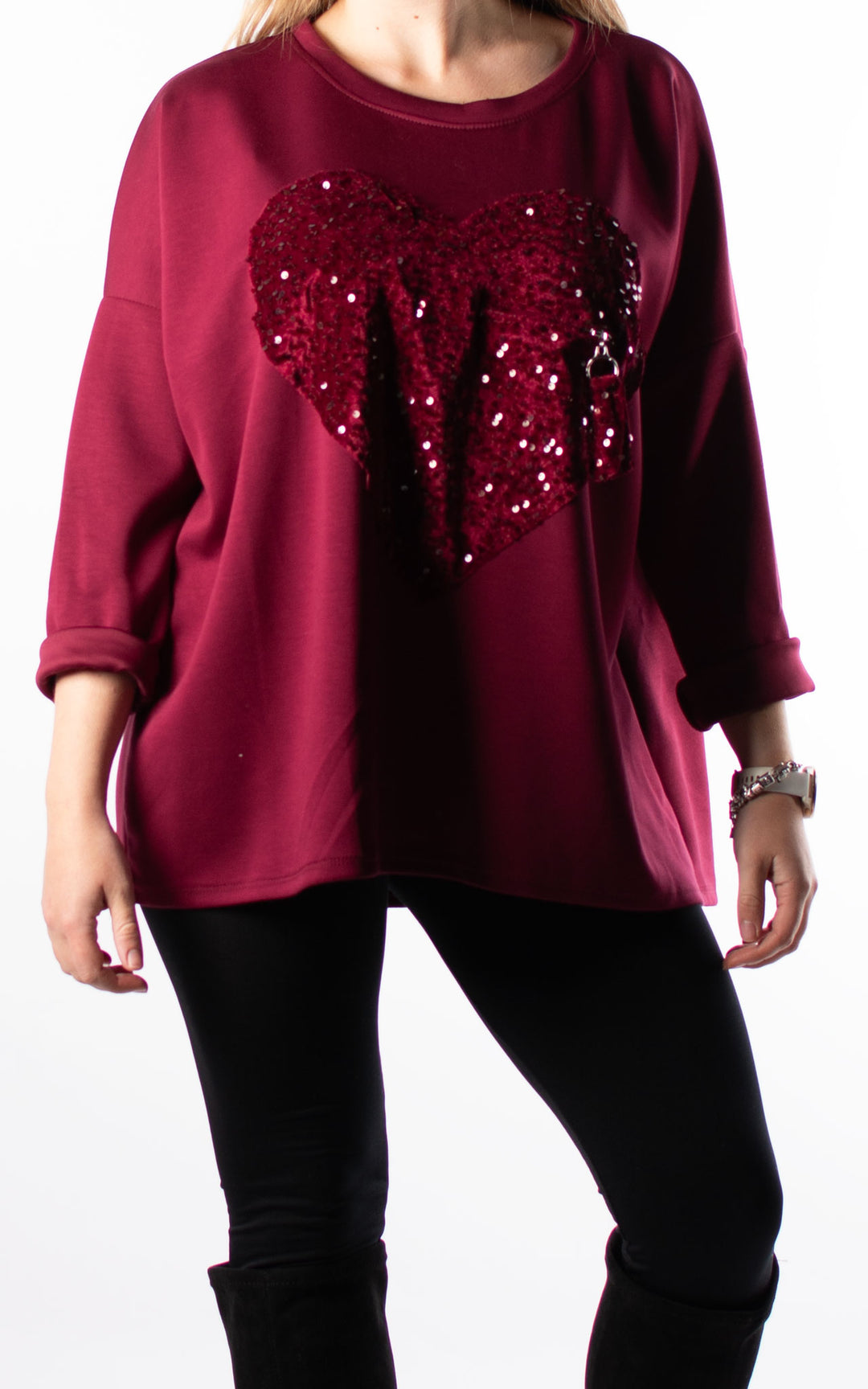 Sequin Heart Top | Burgundy