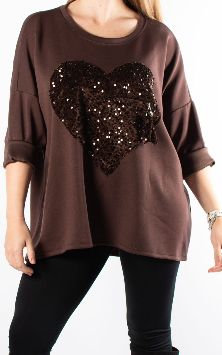 Sequin Heart Top | Chocolate