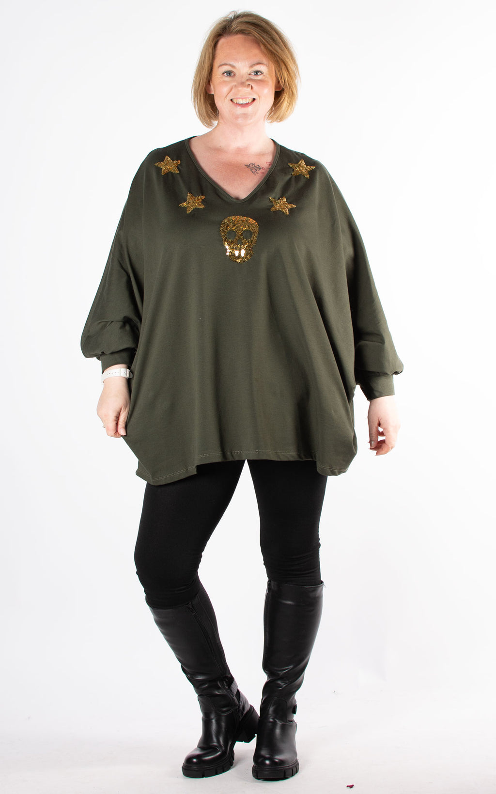 Sequin Skull & Stars Top | Khaki