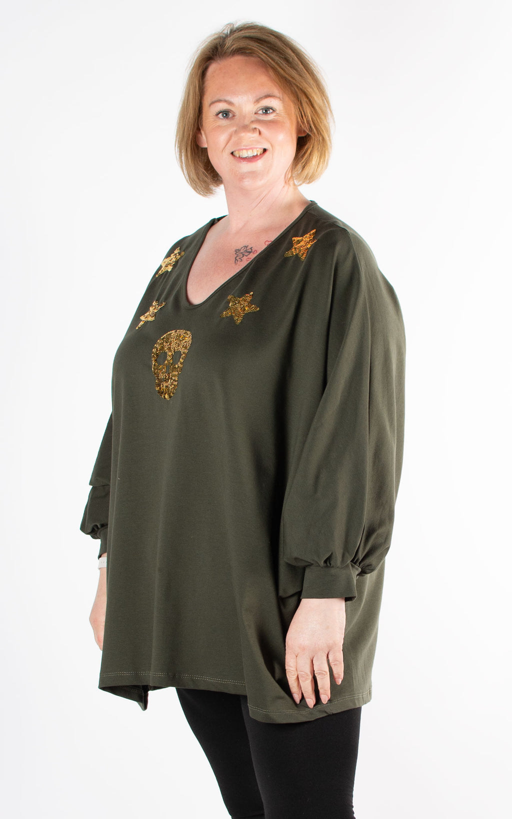 Sequin Skull & Stars Top | Khaki