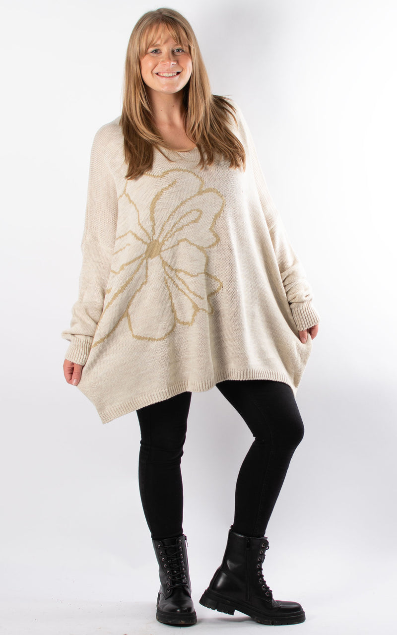 Side Flower Knit Jumper | Beige