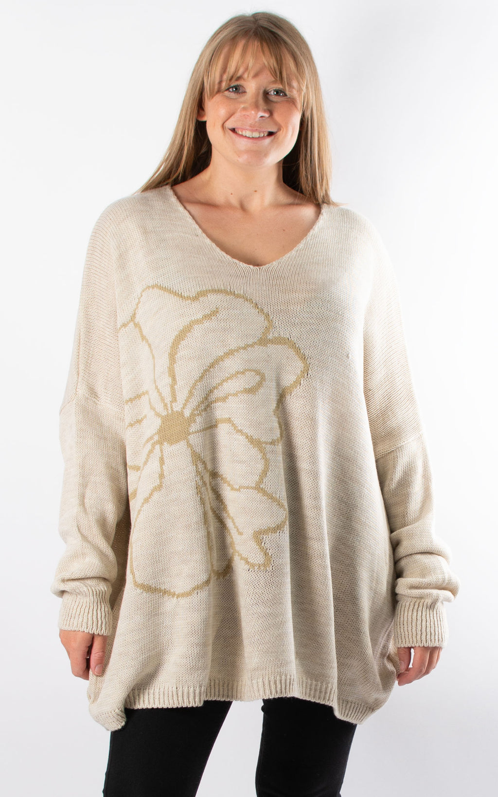 Side Flower Knit Jumper | Beige