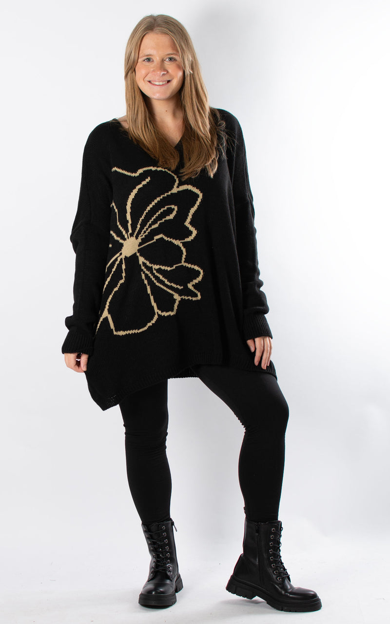 Side Flower Knit Jumper | Black