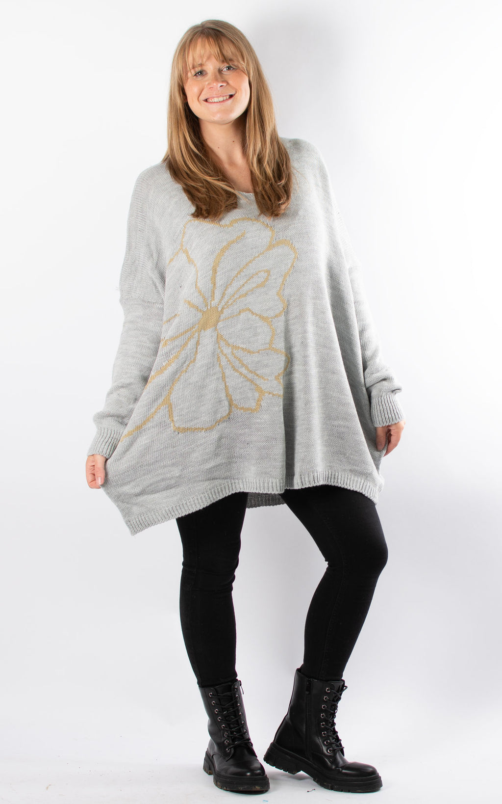 Side Flower Knit Jumper | Grey