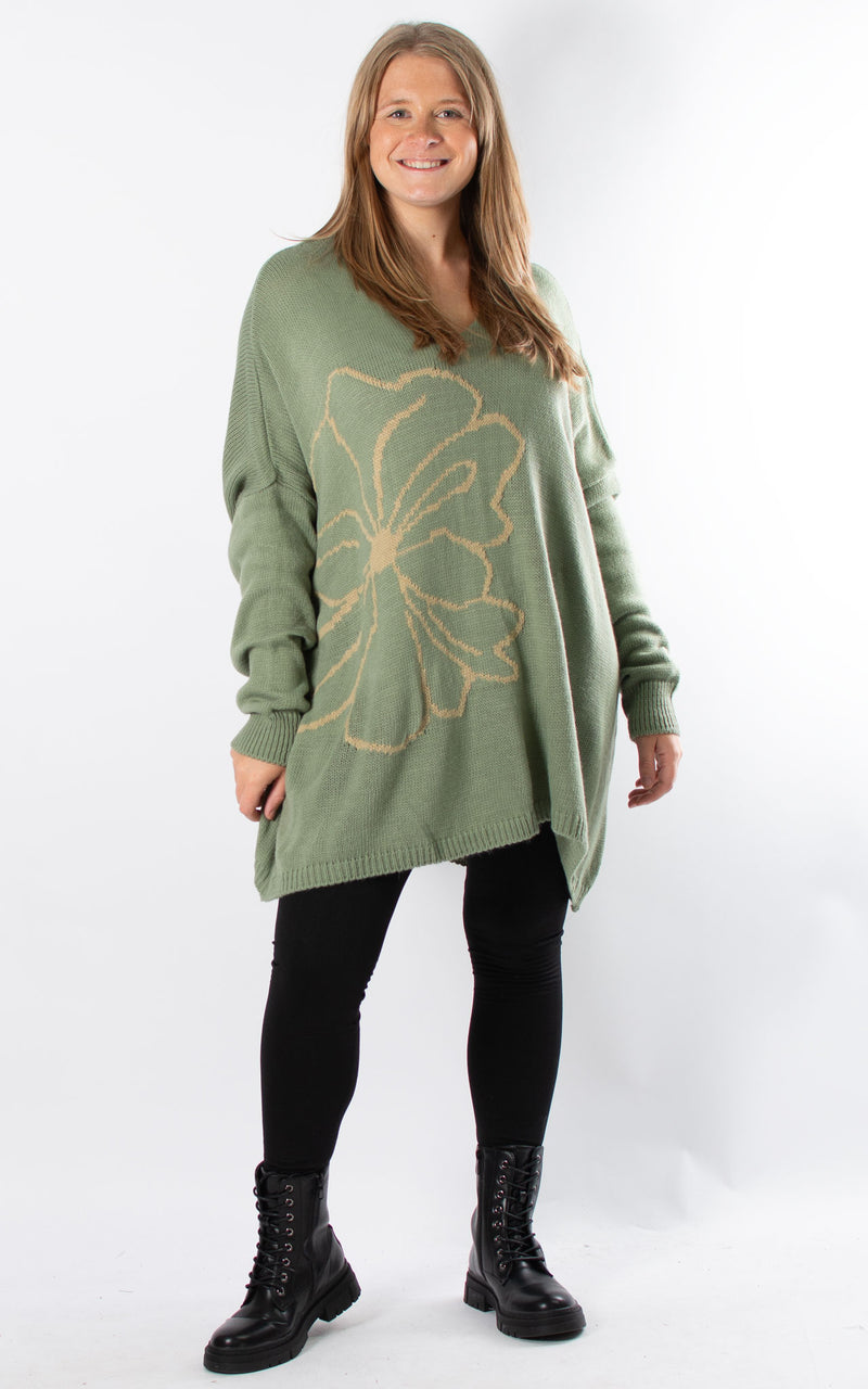 Side Flower Knit Jumper | Khaki