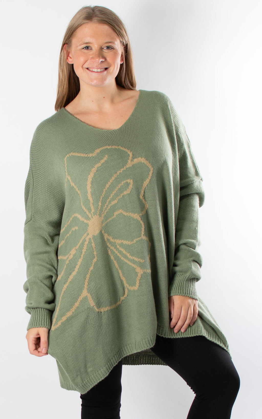 Side Flower Knit Jumper | Khaki