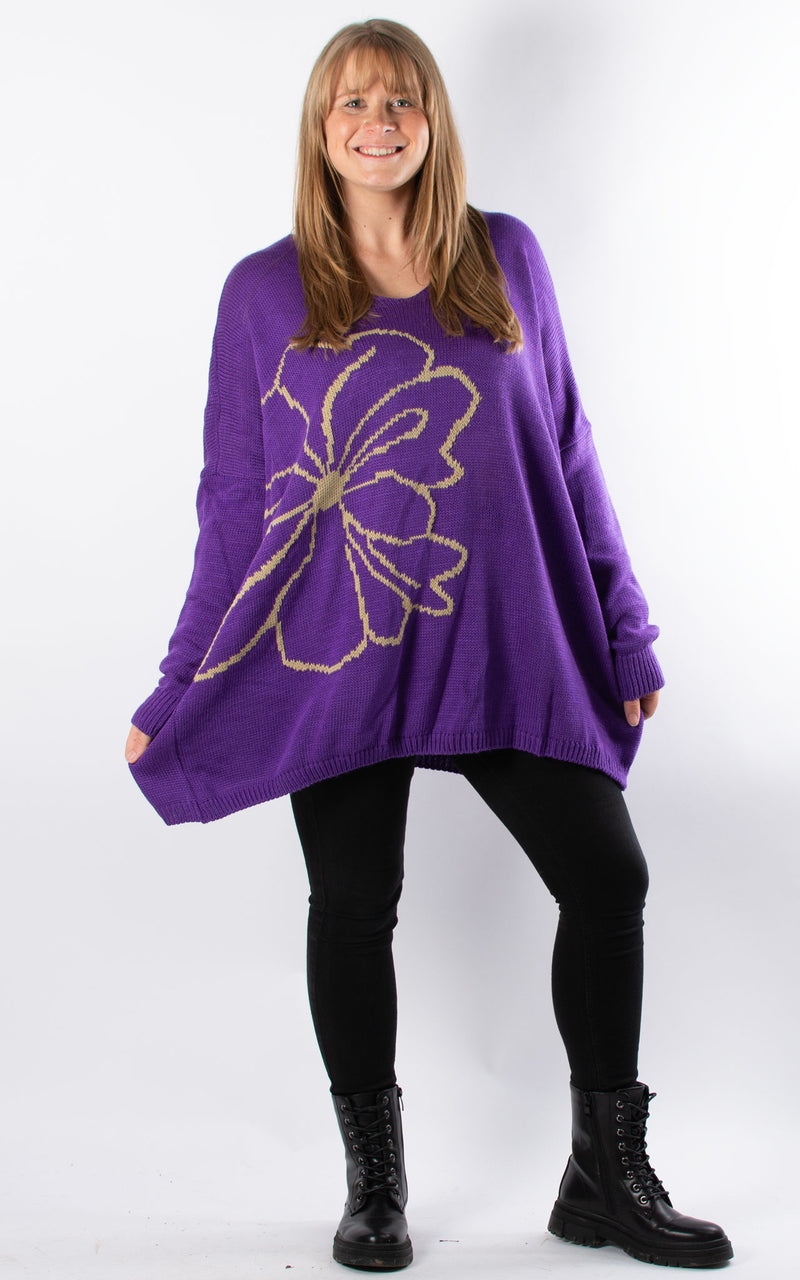 Side Flower Knit Jumper | Purple