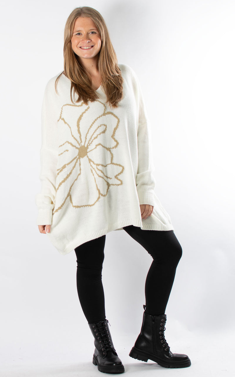 Side Flower Knit Jumper | Winter White