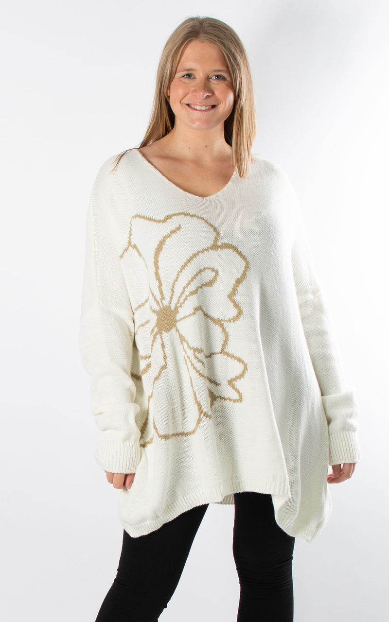 Side Flower Knit Jumper | Winter White