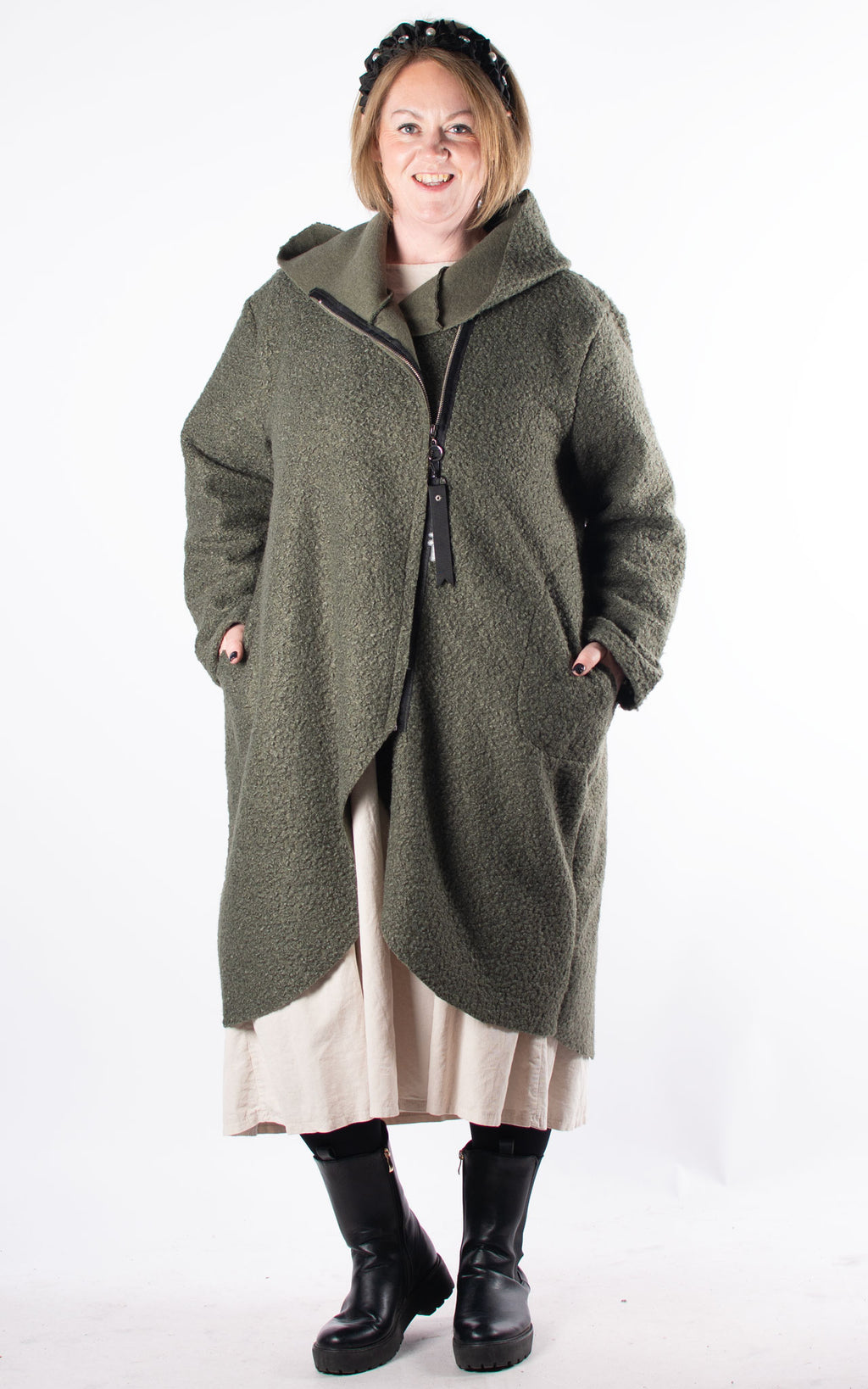 Side Zip Boucle Coat | Khaki