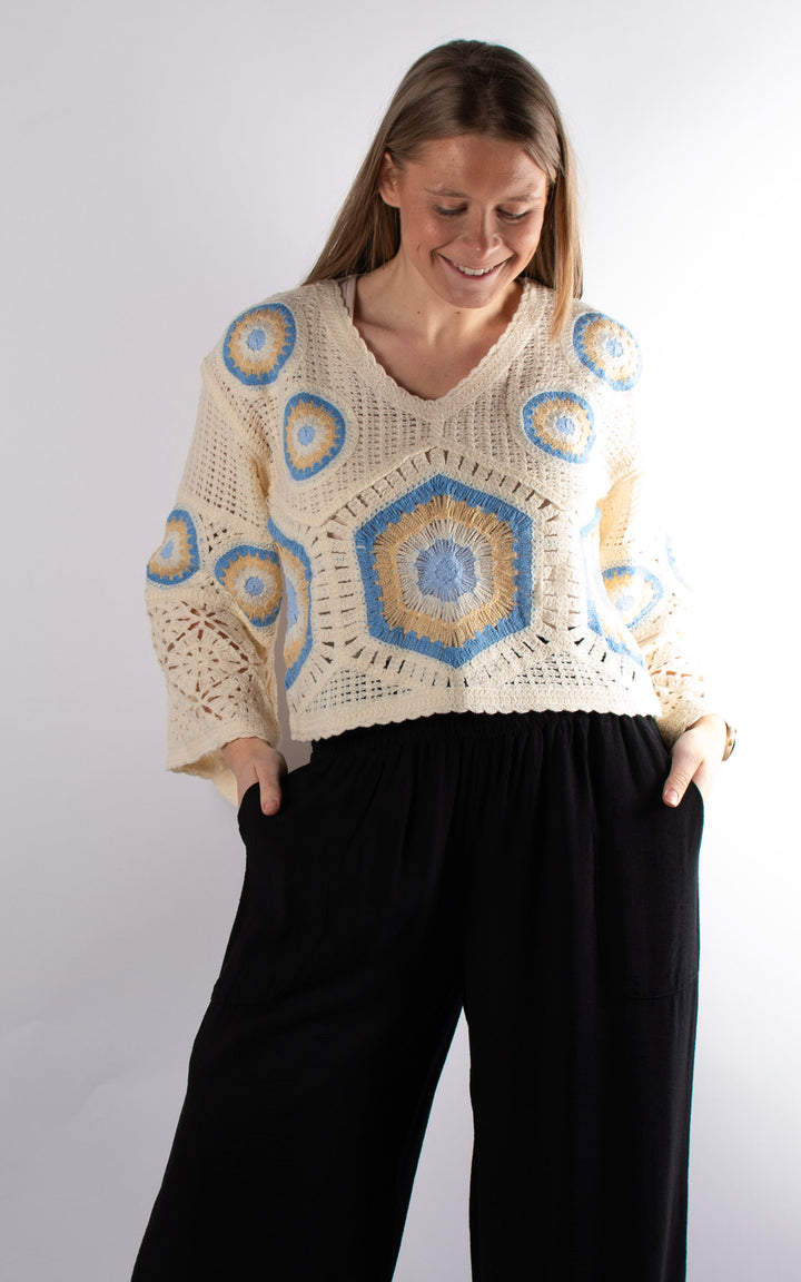 Sienna Mandala Crochet Crop Jumper | Blue and Beige