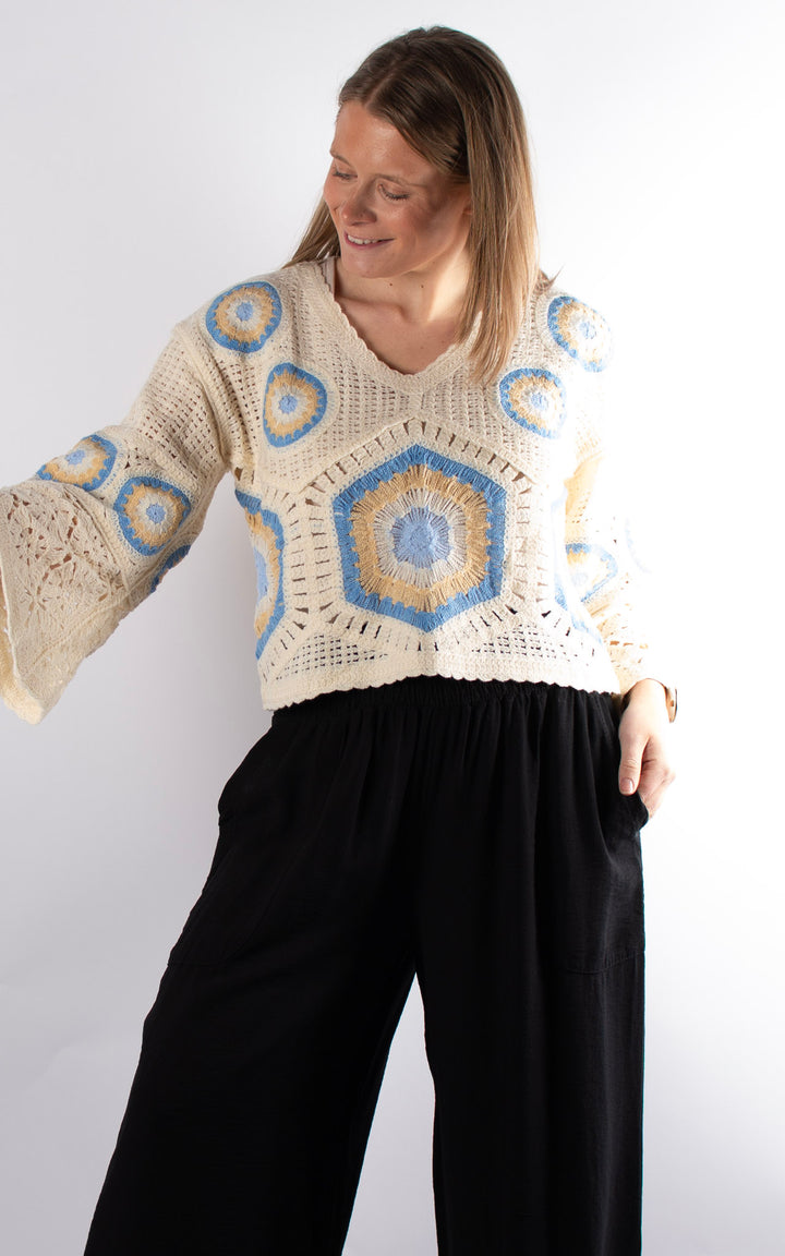 Sienna Mandala Crochet Crop Jumper | Blue and Beige