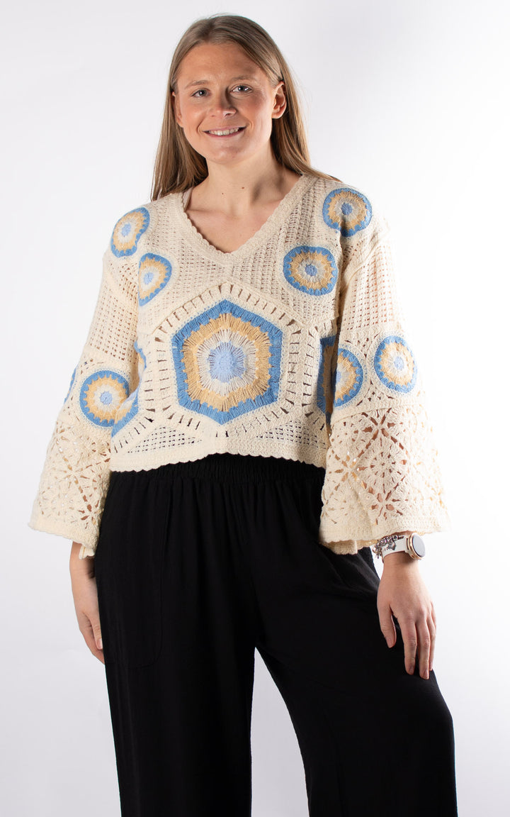 Sienna Mandala Crochet Crop Jumper | Blue and Beige