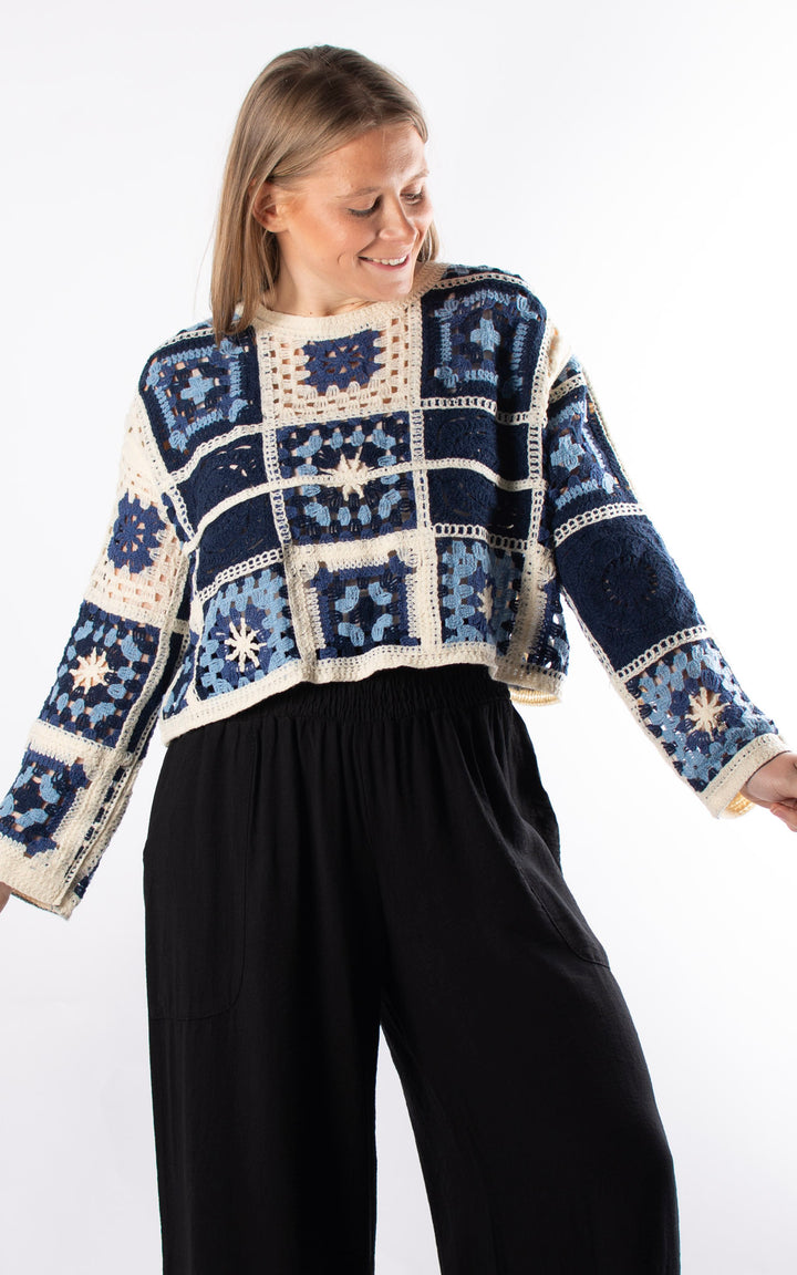 Sienna Patchwork Crochet Crop Jumper | Navy