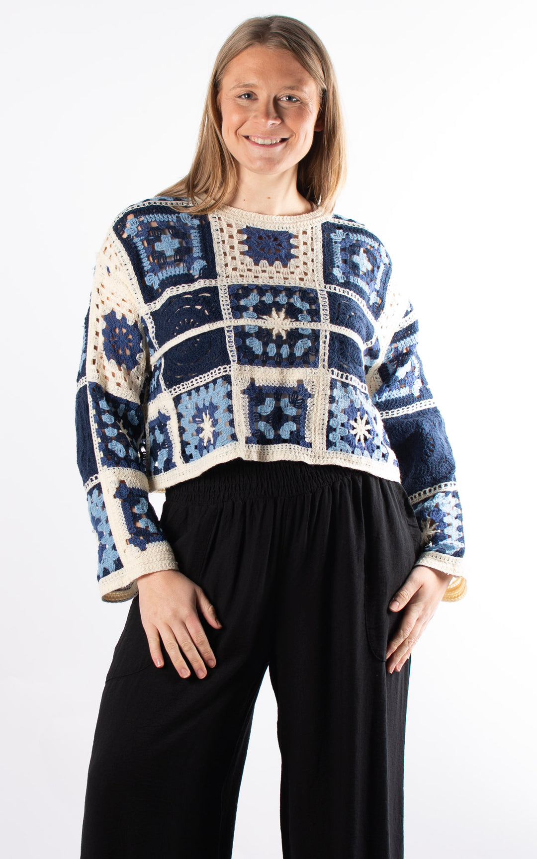 Sienna Patchwork Crochet Crop Jumper | Navy