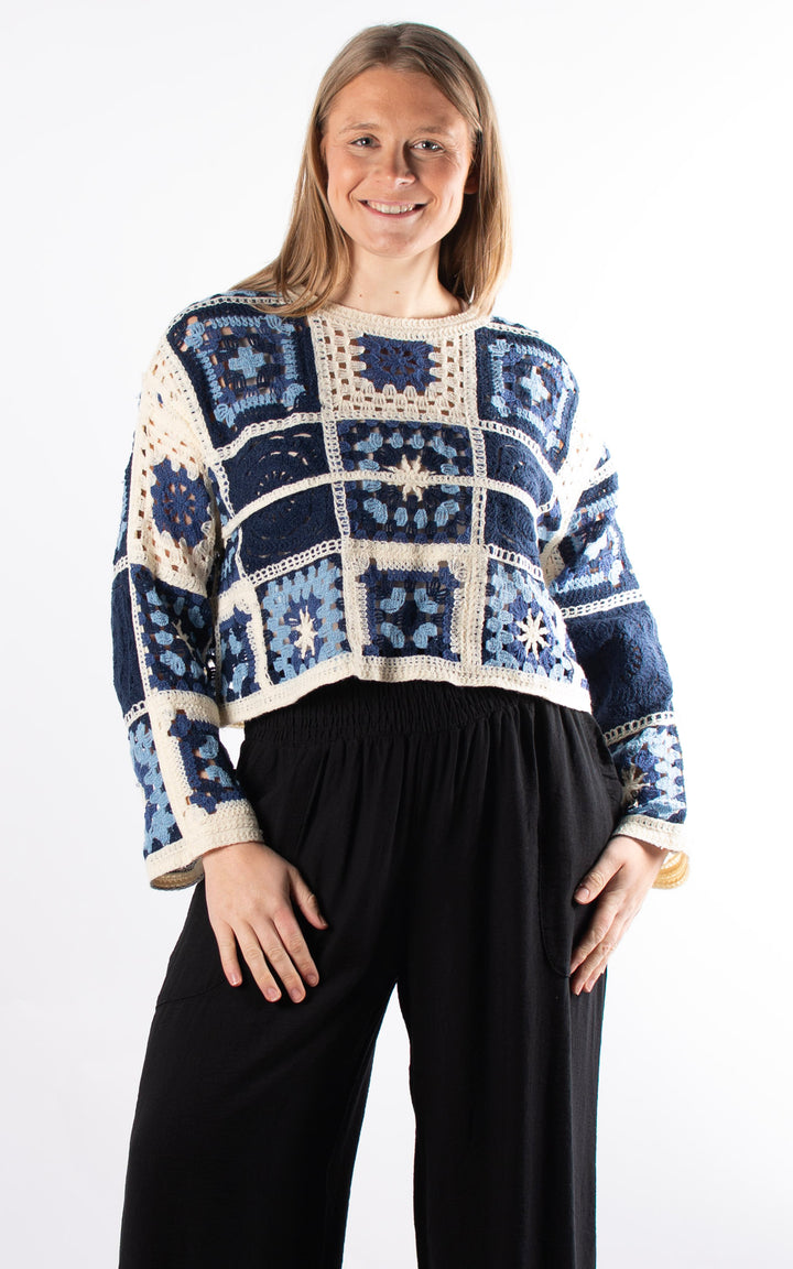 Sienna Patchwork Crochet Crop Jumper | Navy
