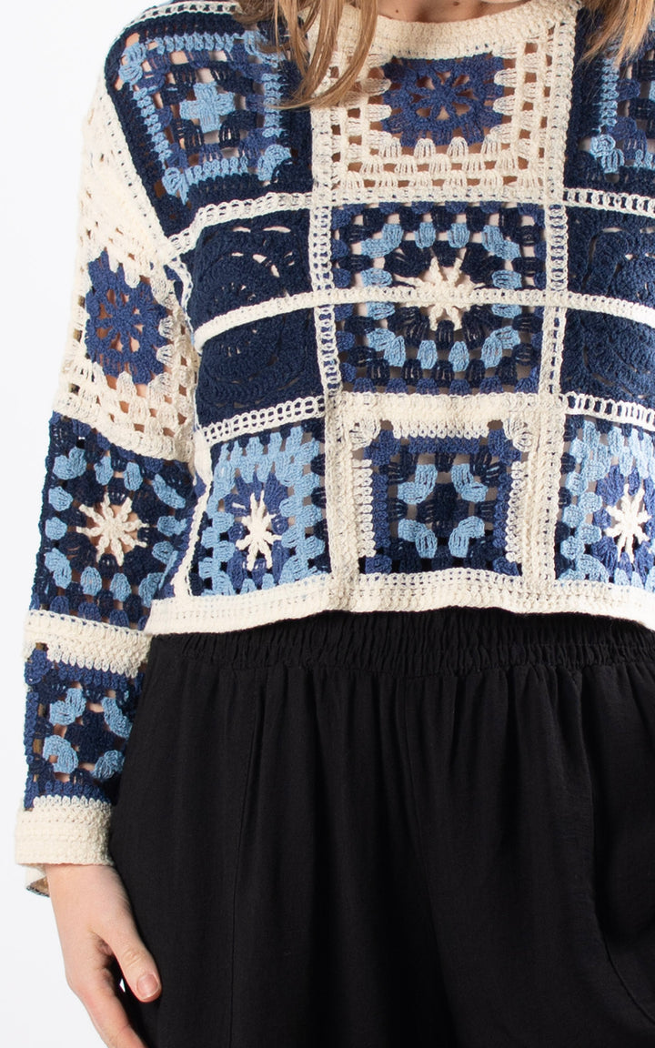 Sienna Patchwork Crochet Crop Jumper | Navy