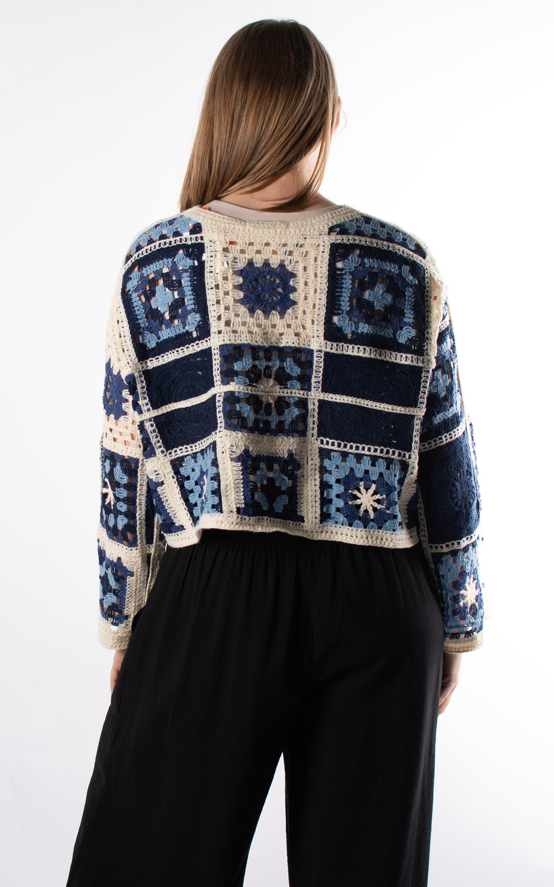 Sienna Patchwork Crochet Crop Jumper | Navy