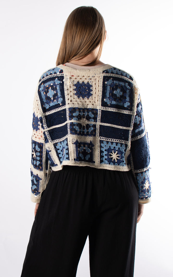 Sienna Patchwork Crochet Crop Jumper | Navy