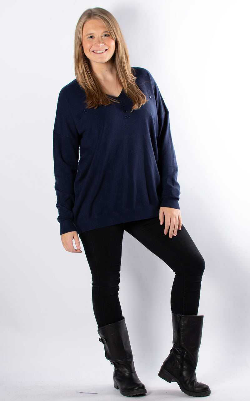 Simone Button V-neck | Navy