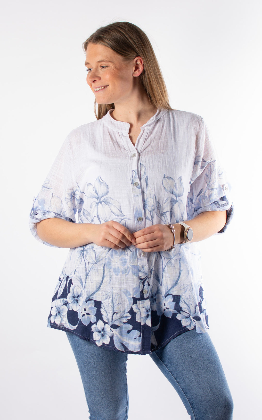 Tia Cheesecloth Shirt | Blue Floral | White