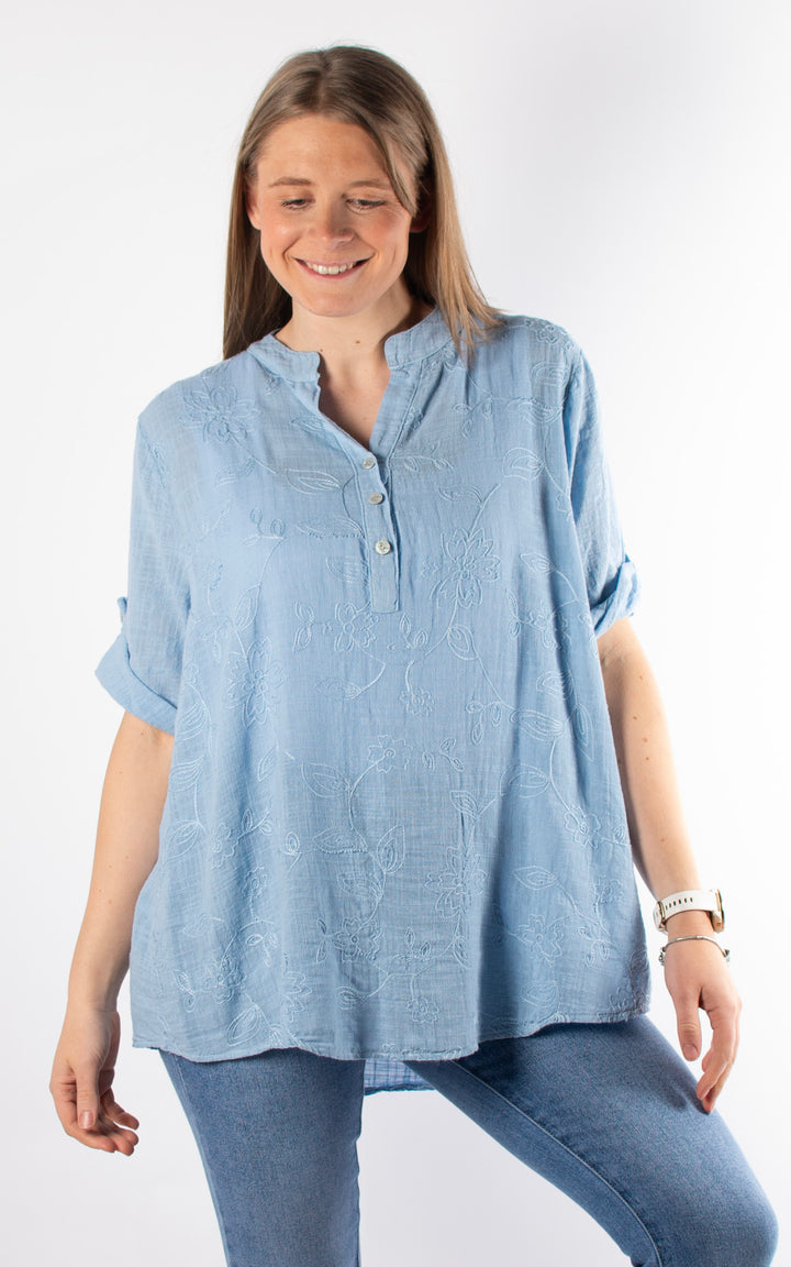 Tia Cheesecloth Shirt | Embroidered | Blue