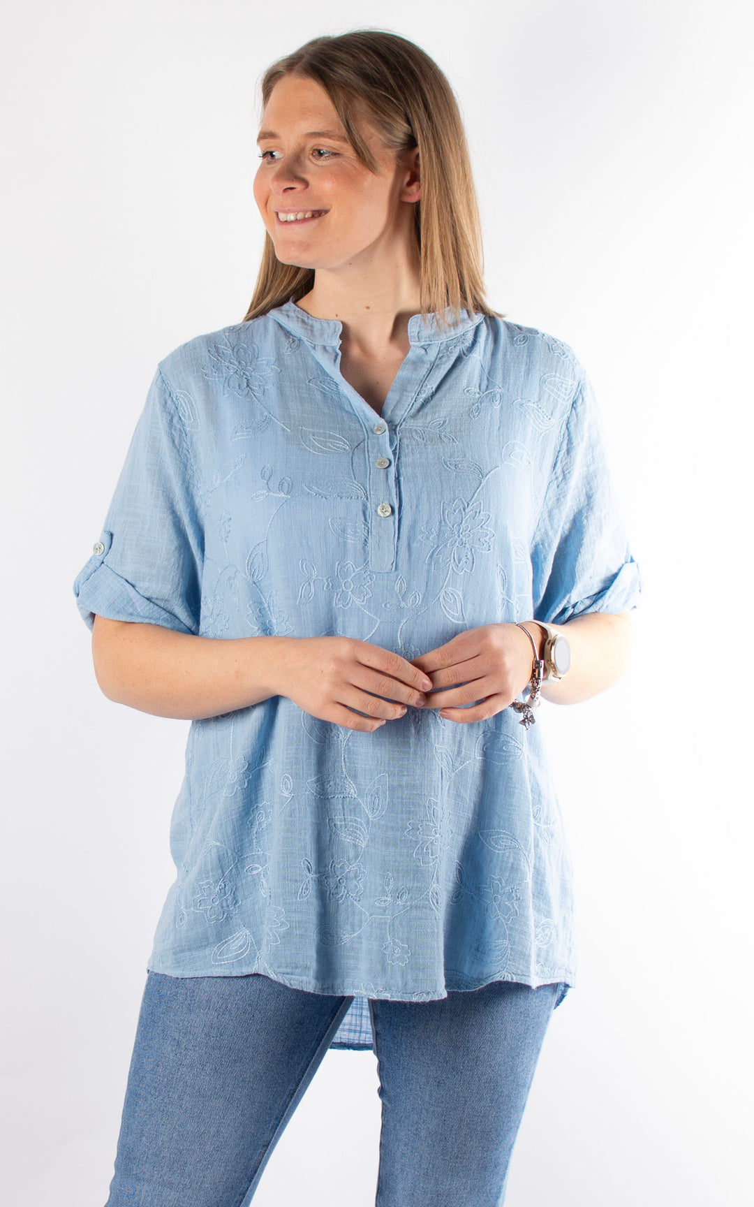 Tia Cheesecloth Shirt | Embroidered | Blue