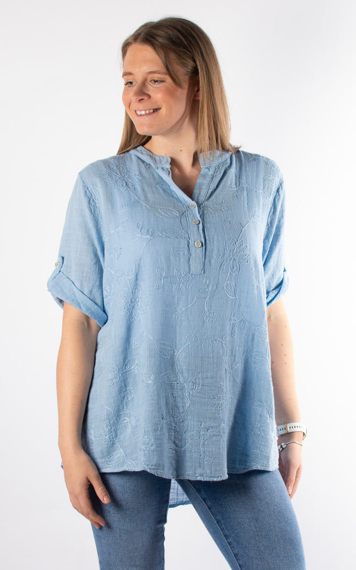 Tia Cheesecloth Shirt | Embroidered | Blue