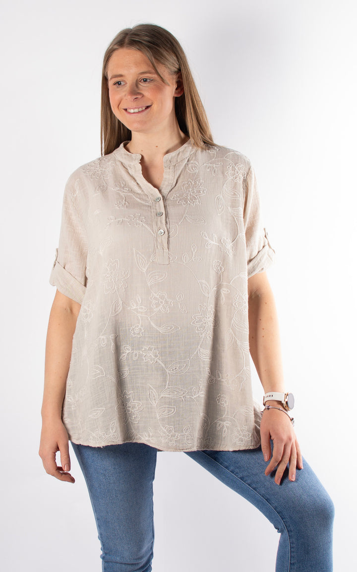 Tia Cheesecloth Shirt | Embroidered | Stone