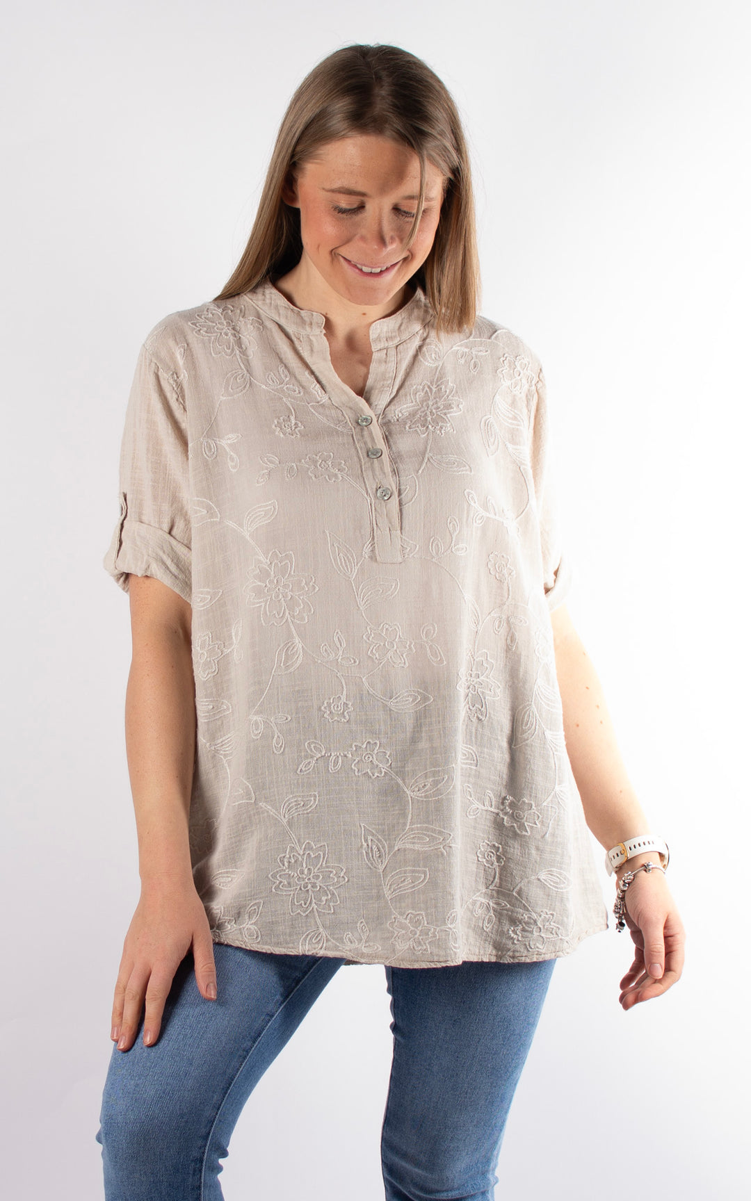 Tia Cheesecloth Shirt | Embroidered | Stone