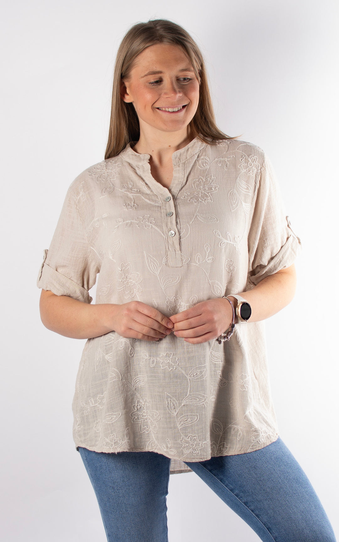 Tia Cheesecloth Shirt | Embroidered | Stone