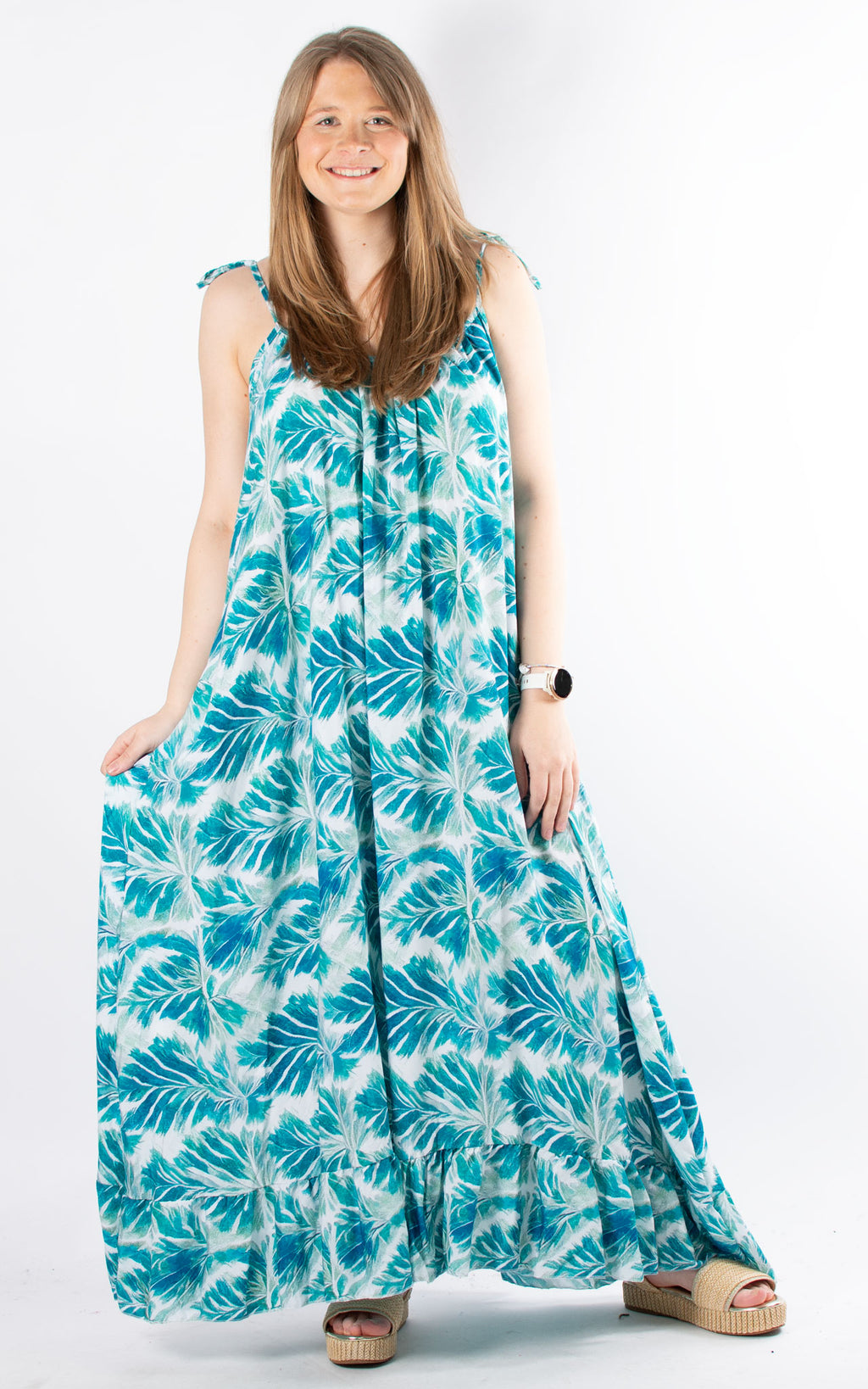Toyah Strap Dress | Leaves | Aqua