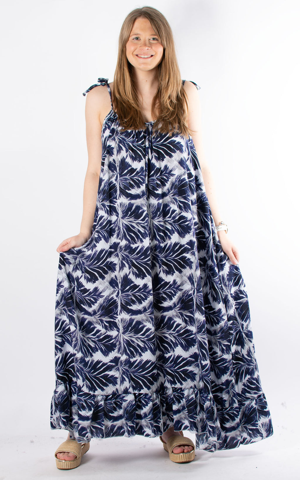 Toyah Strap Dress | Leaves | Navy