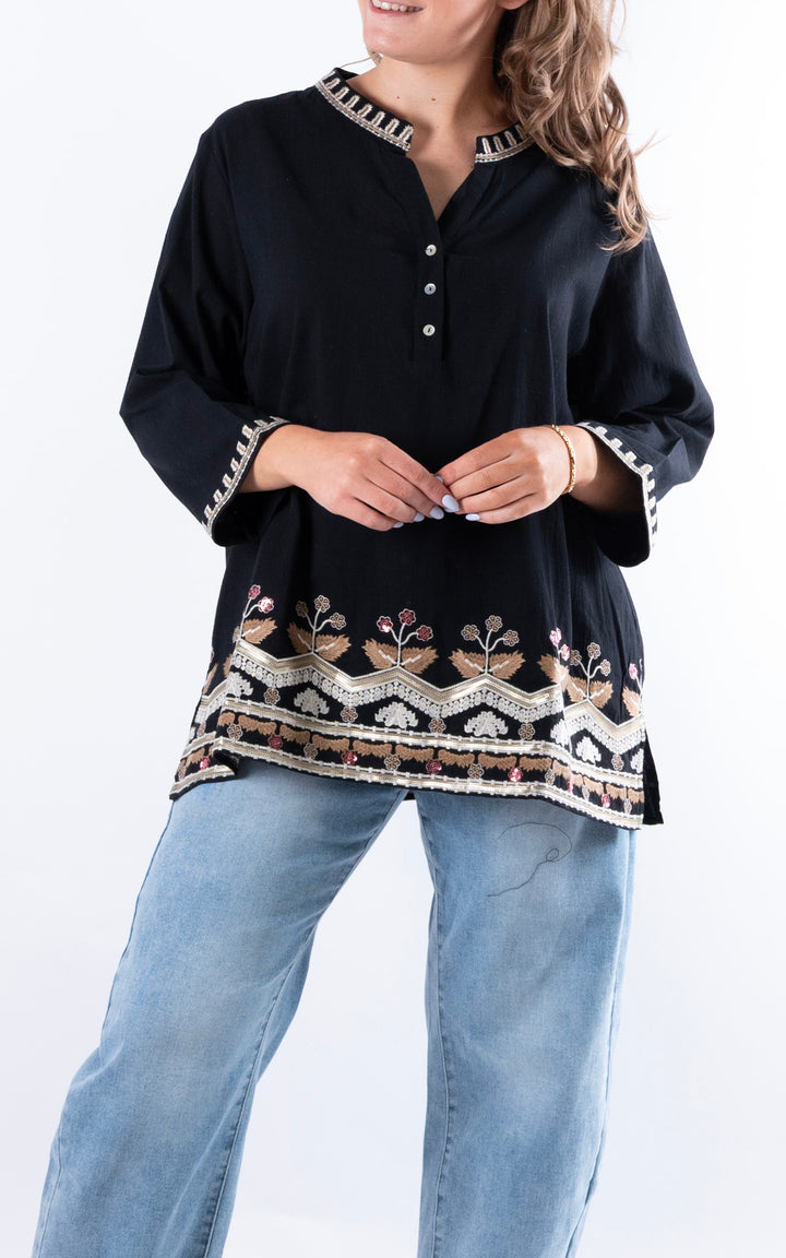Tulia Button V-Neck Top | Black