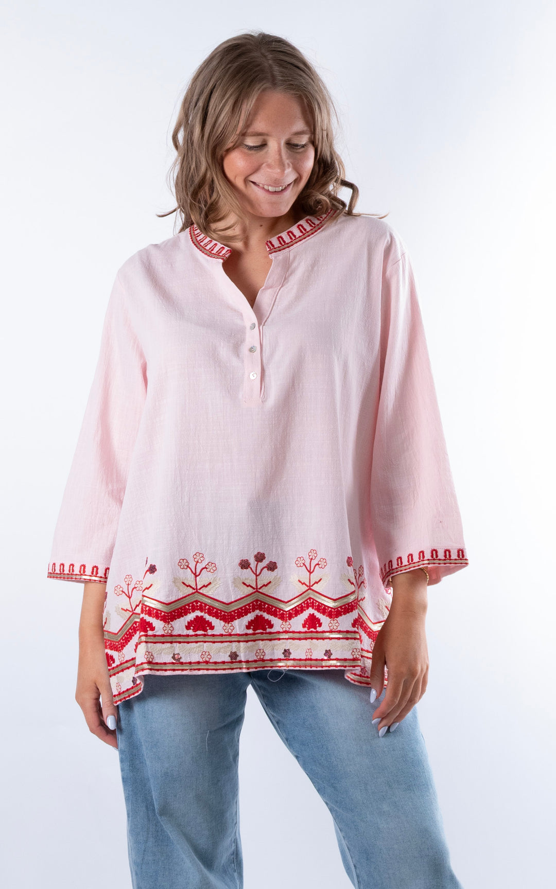 Tulia Button V-Neck Top | Pink