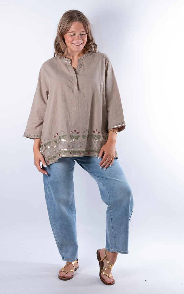Tulia Button V-Neck Top | Taupe
