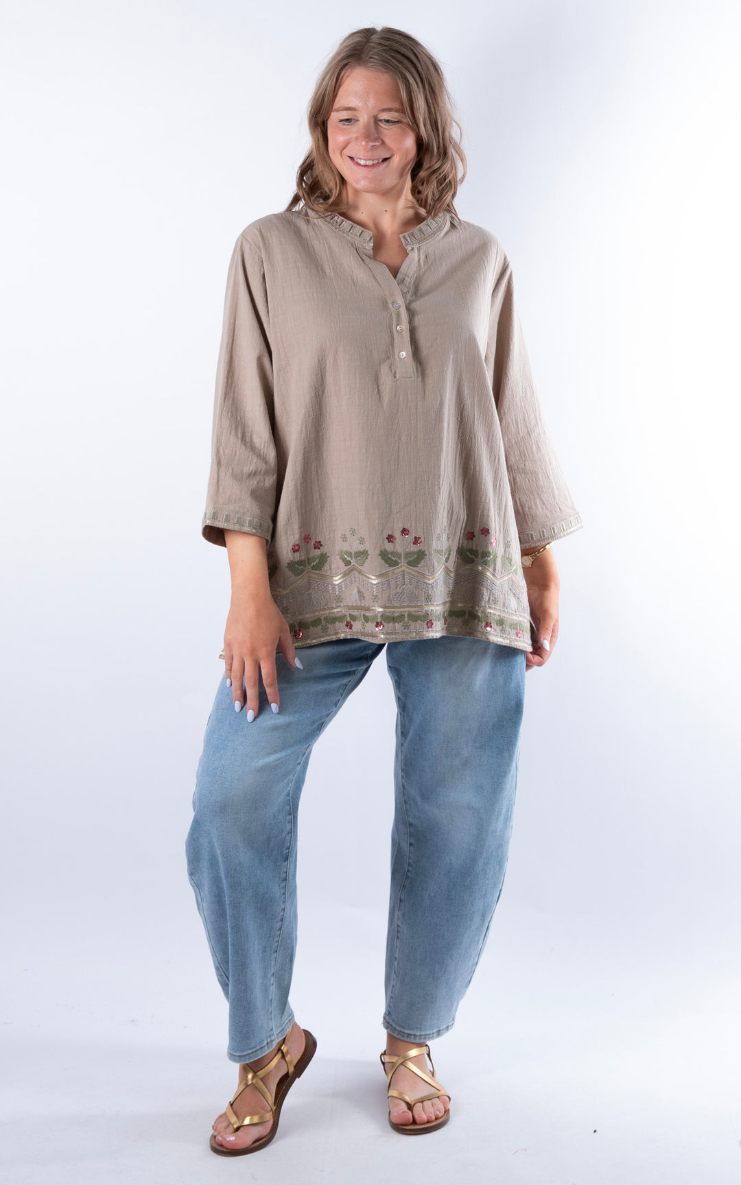 Tulia Button V-Neck Top | Taupe