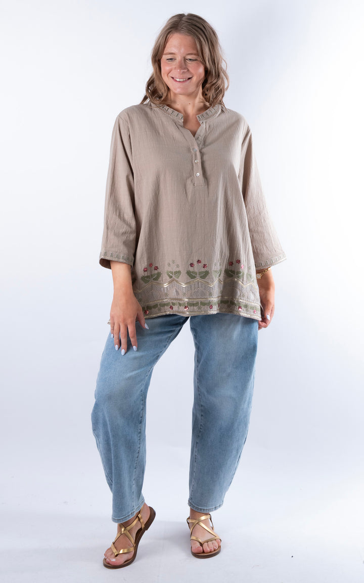 Tulia Button V-Neck Top | Taupe