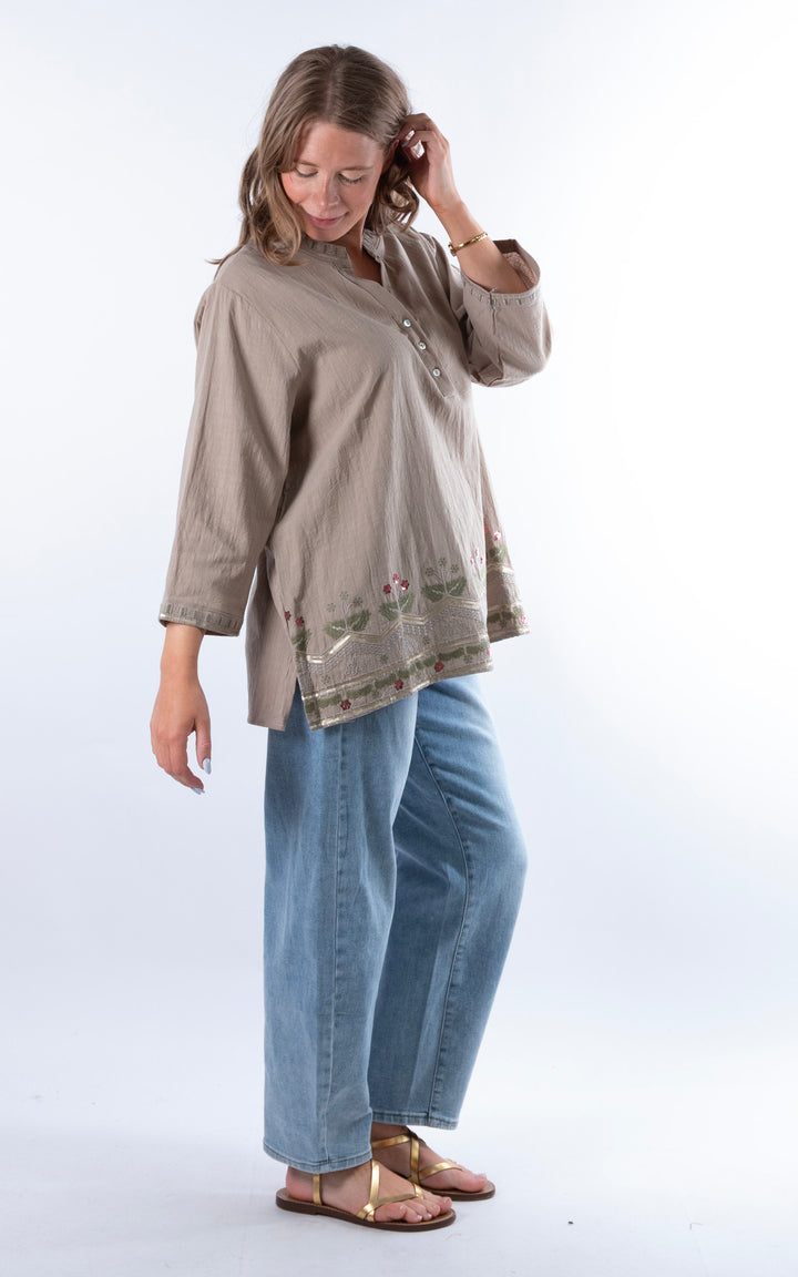 Tulia Button V-Neck Top | Taupe