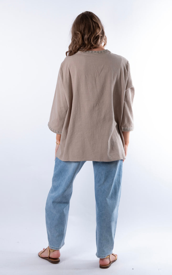 Tulia Button V-Neck Top | Taupe