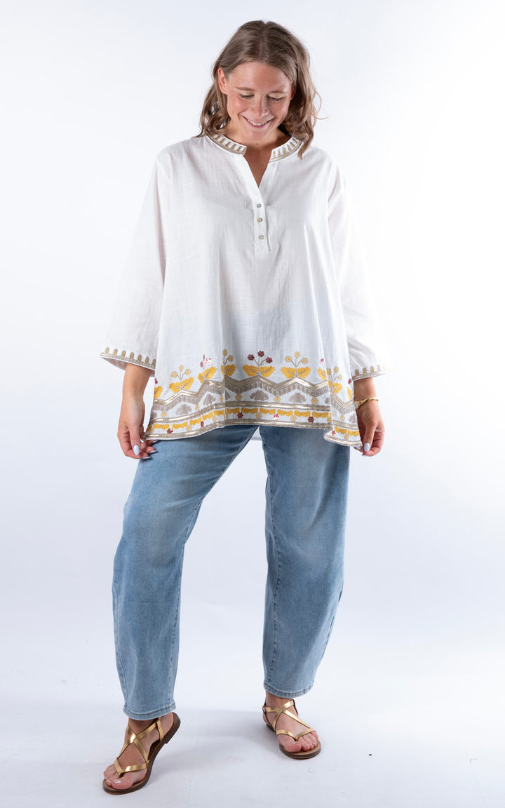 Tulia Button V-Neck Top | White