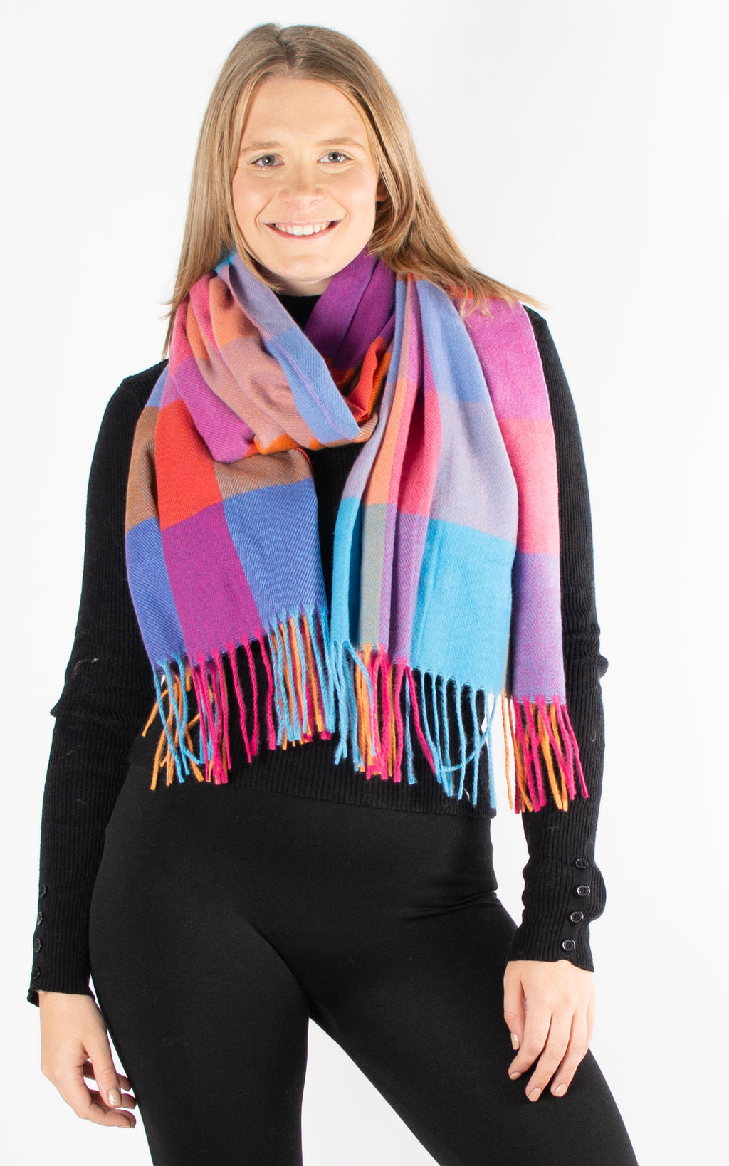 Winter Blanket Scarf | Squares | Hot Pink, Orange & Blue