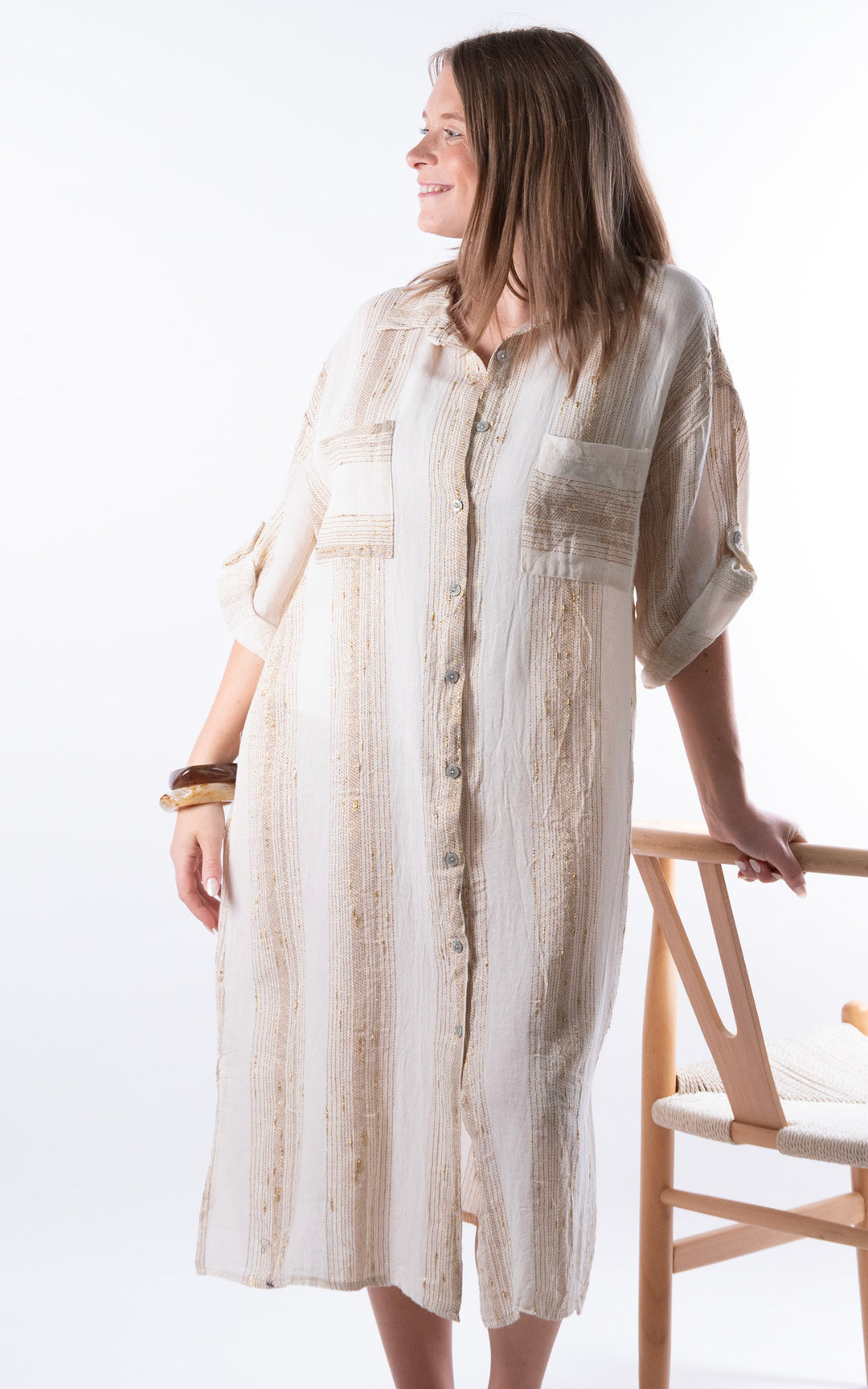 Zadie Gold Line Shirt Dress | Beige